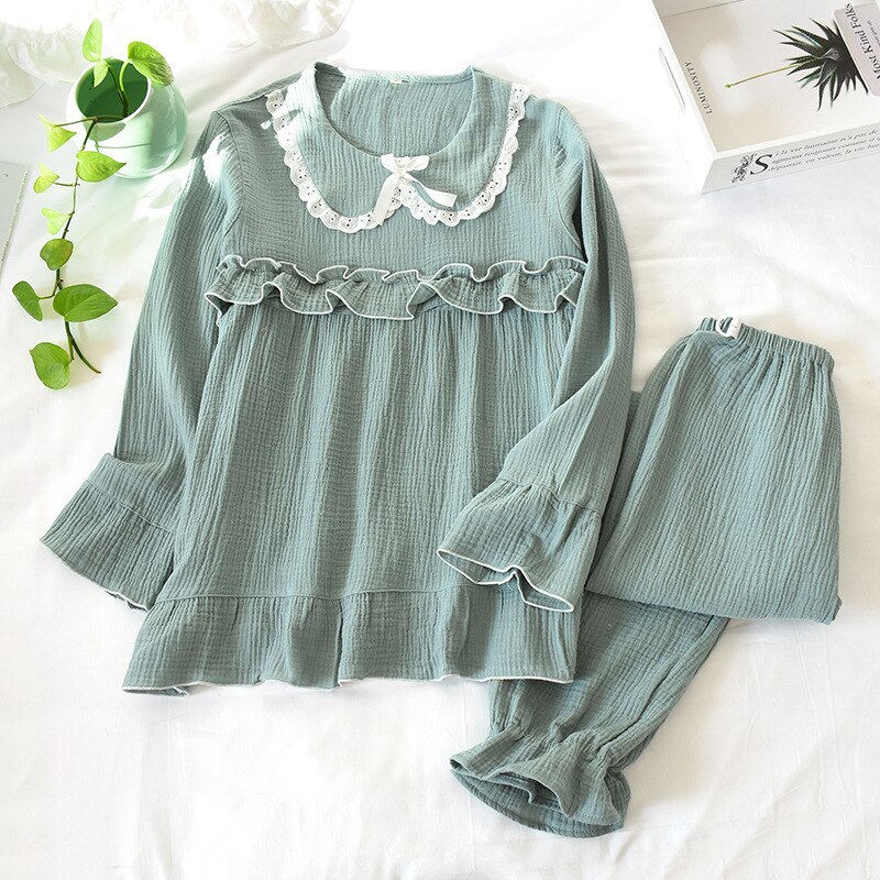 Vestido de algodón monocromático con cuello de muñeca, ropa de lactancia horizontal, lavado fino, pijamas de manga larga de crepé: Verde / L