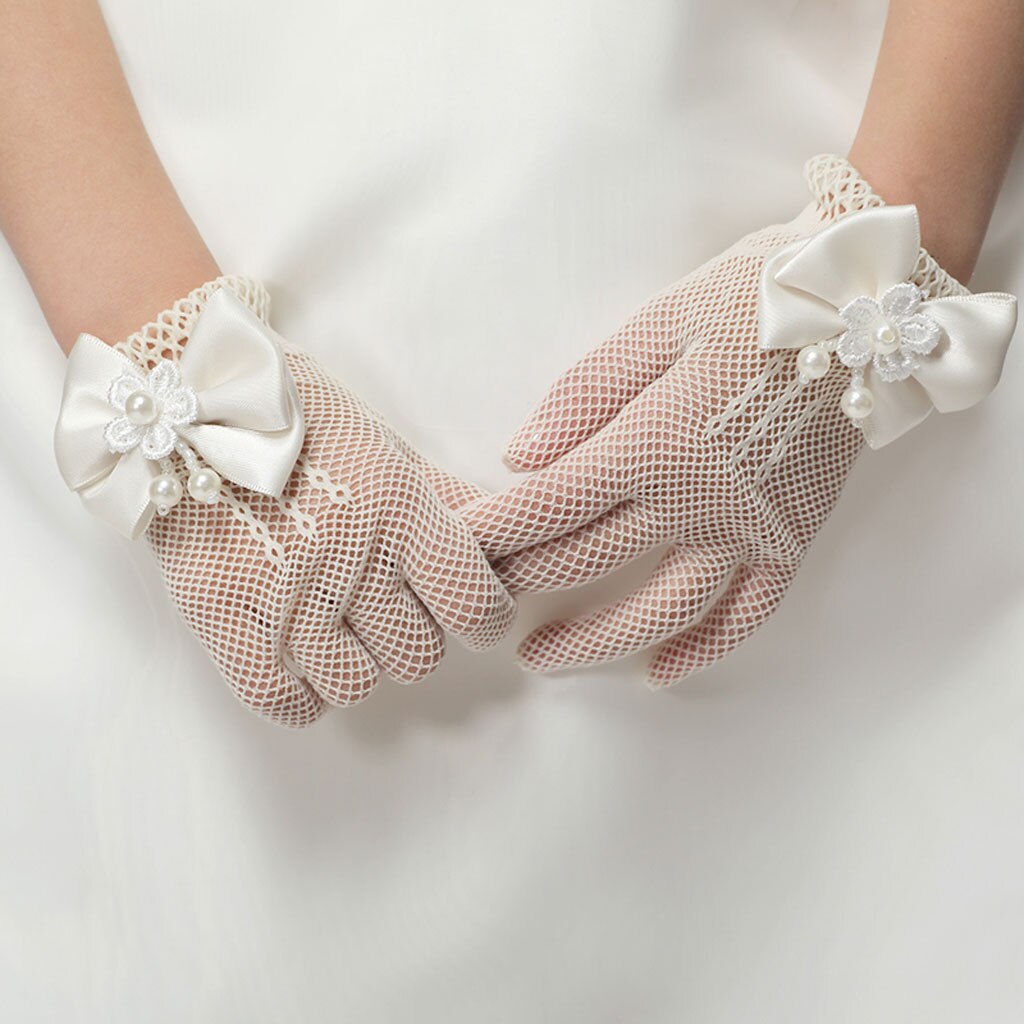 Blume Mädchen Satin- Bowknot Spitze Gittergewebe Handschuhe Brautjungfer Hochzeit Prom Bankett Tanzen Zeigen Elegante Princeness Acc