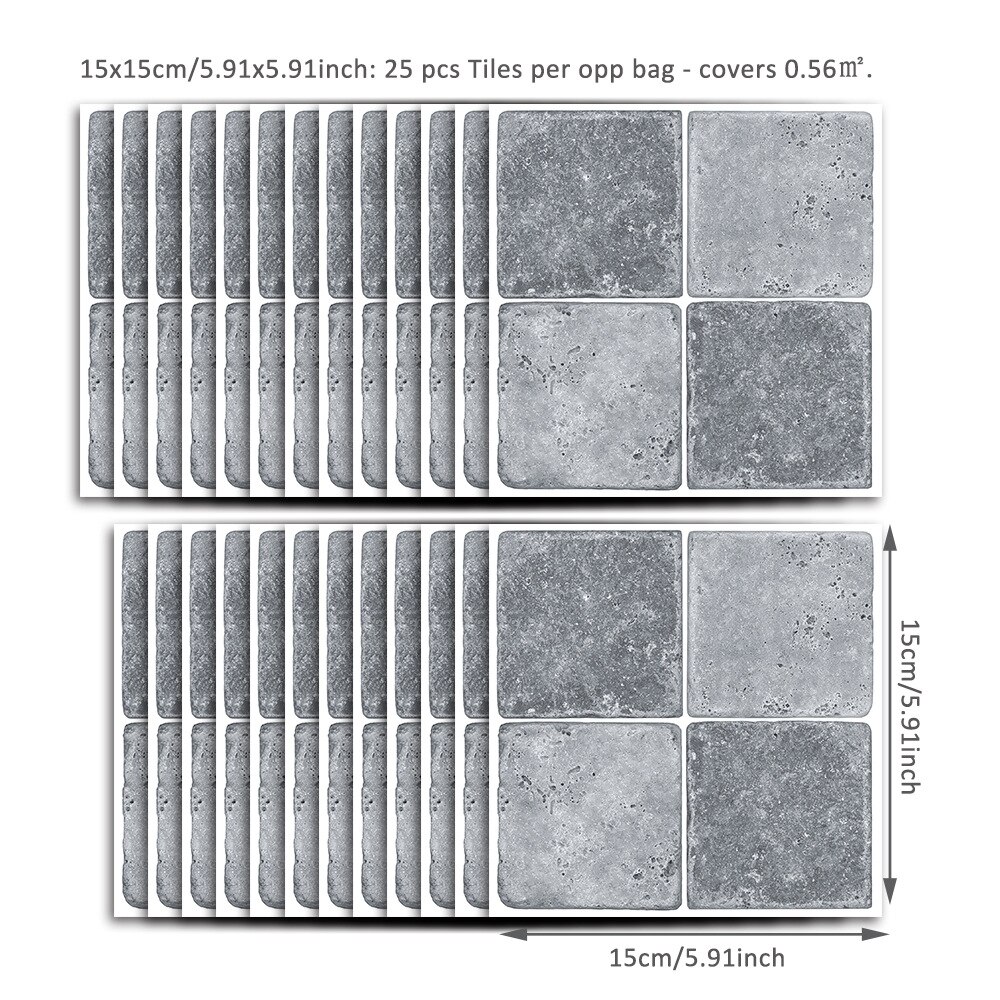 25Pcs Mosaic Tile Stickers Transfers Kitchen Grey Antique Marble Effect Self-adhesive Wall Decor 10x10cm/15x15cm: Gray 15x15cm