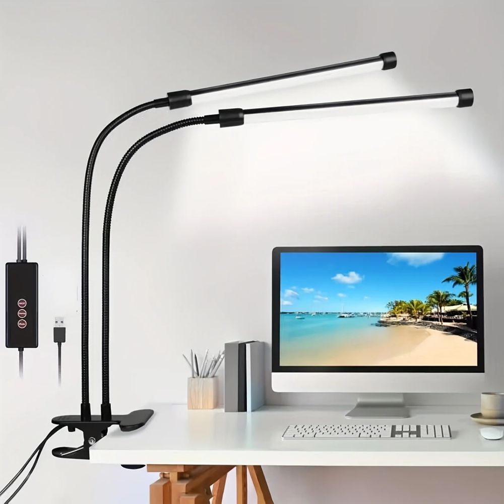 Lampada da lettura dimmerabile con clip a doppia testa con lampada da scrivania a clip USB a LED 3 temperature di colore 10 luminosità: Default Title