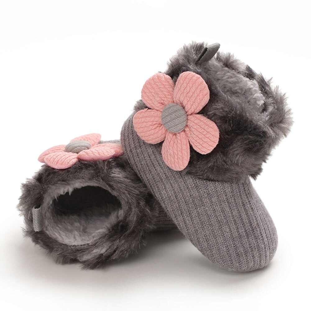 0-18m bébé filles bottes de neige doux fausse fourrure tricot fleur chaussons anti-dérapant infantile Prewalkers