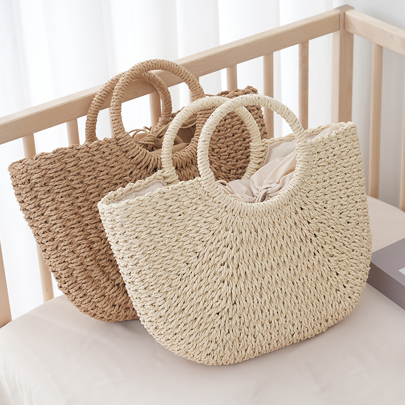 Sac d'été en paille demi-lune pour femmes, sac à main Portable fait à la main, sac de plage de grande capacité, panier tissé à poignée supérieure, fourre-tout