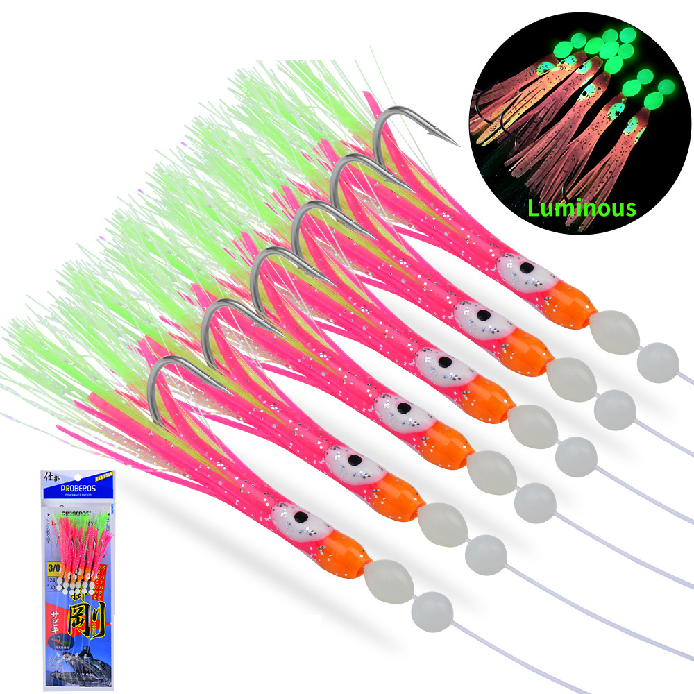 6 unids/set luminoso grupo suave señuelo Anguila Sabiki Rigs ganchos de cuerda señuelo peces Saury calamar caballa Scad aparejos de pesca de agua salada: Rojo