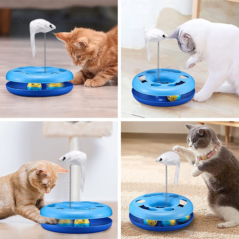 Funny cat toy for indoor cats, interactive kitten toy roller tracks with catnip, spring pet toy with exercise balls, teaser mouse