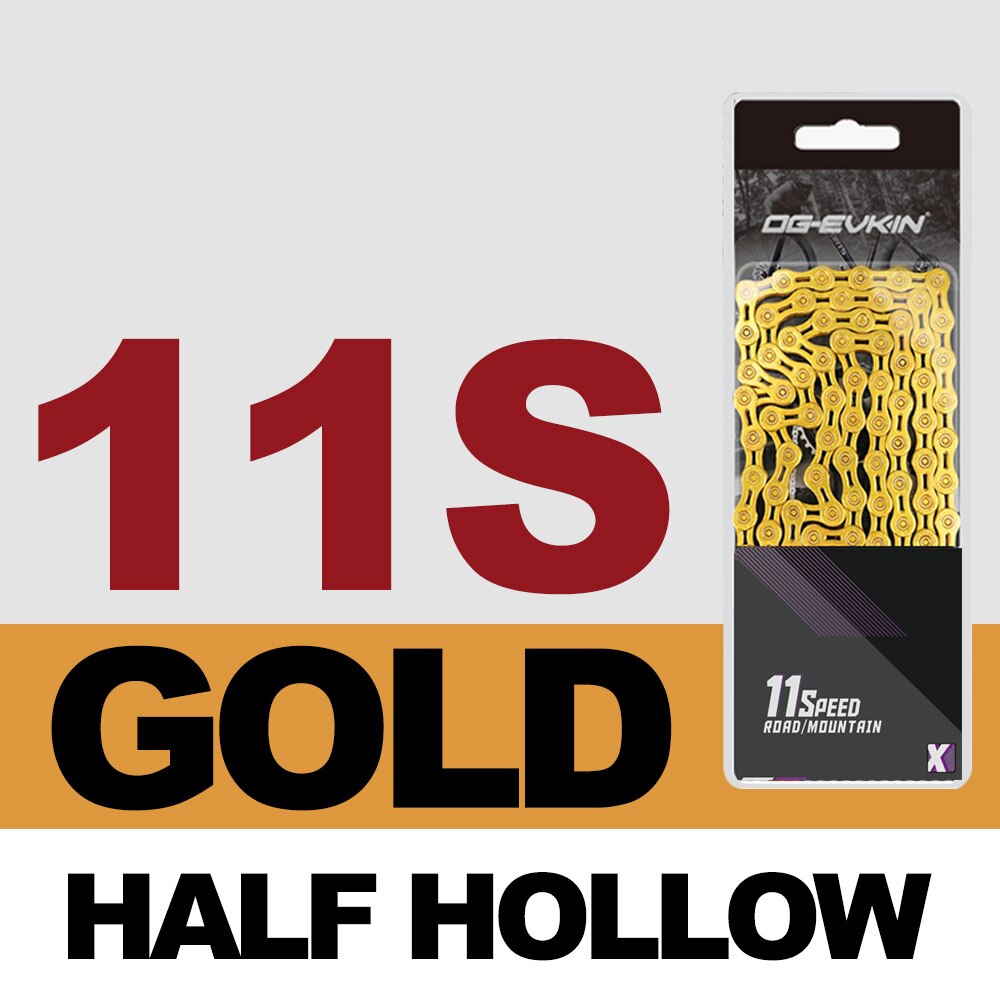 OG-EVKIN 9/10/11 Speed Bicycle MTB Chain Half/Full Hollow Bike Chain Mountain/Road Bicycle Chains 116 Quick Link Gold/Silver: C-01-11s-EL-Gold