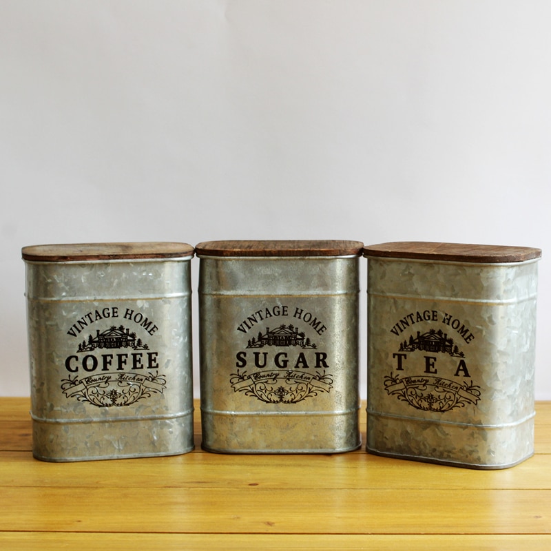 Retro nostalgisk järnlåda tretäcke te kaffe socker förvaringsburkar vintage godis diverse saker kan