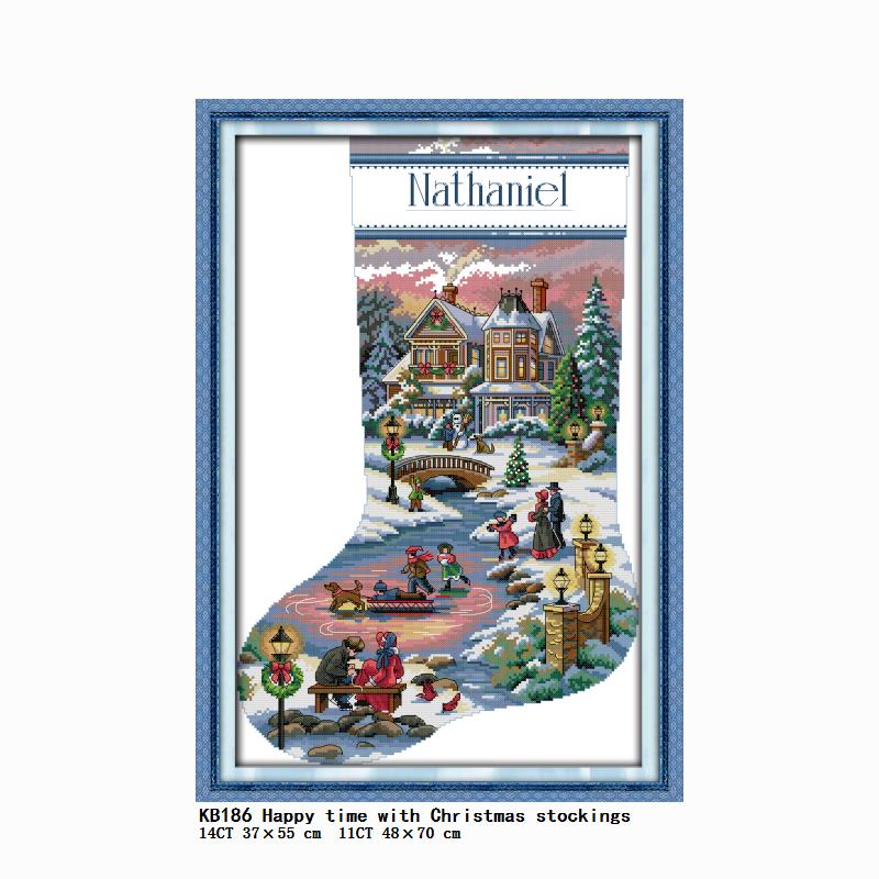 Happy Time with Christmas Stockings Cross Stitch Kit Embroidery Patterns Print Counted 11CT 14CT Stamped Thread Needlework Decor