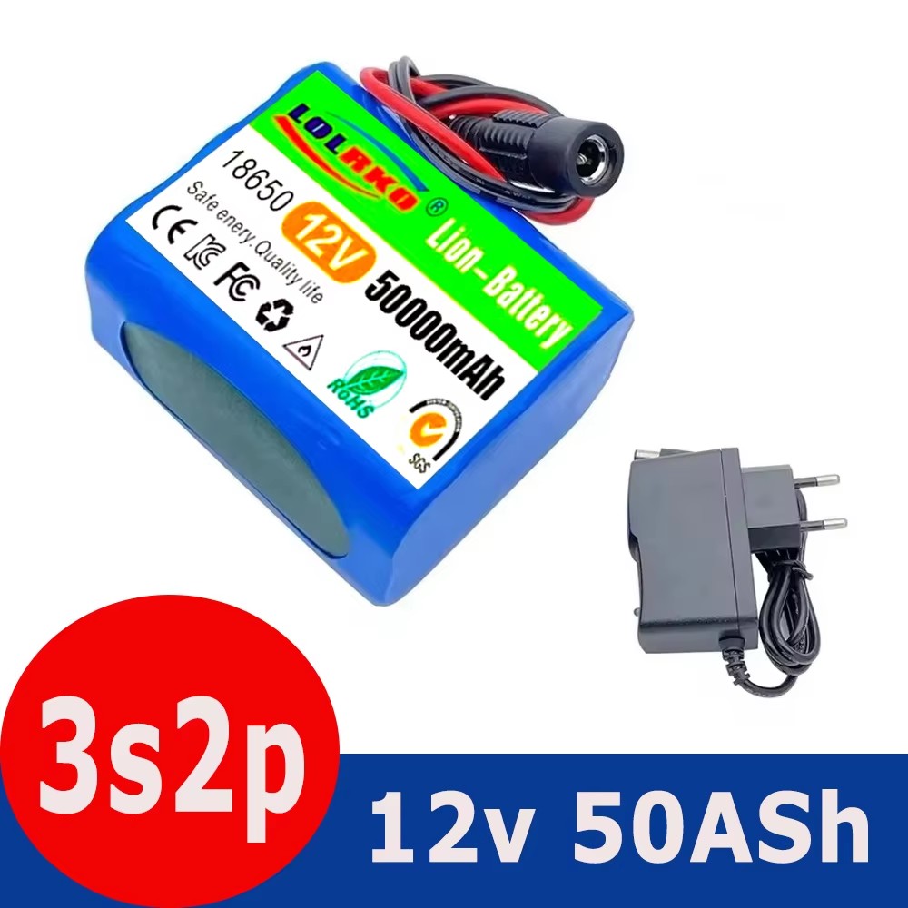 12V 50000mah battery 18650 Li-ion 50Ah Rechargeable batteries with BMS Lithium Battery packs Protection Board +12.6V Charger: Beige