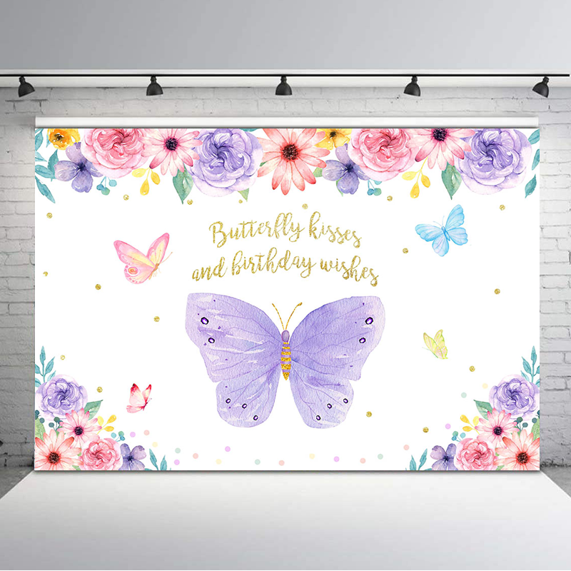 Lumière violet papillon anniversaire toile de fond point doré aquarelle fleurs photographie fond bébé douche décorations fournitures