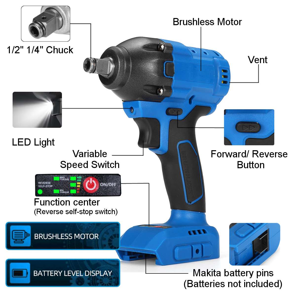 18V 520N.m Cordless Electric Impact Wrench Brushless Electric Wrench Power Tool Rechargeable Wrench For Makita Battery