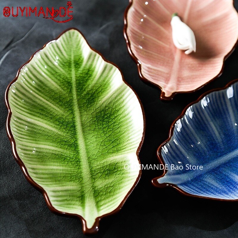 Japonés hielo Crack forma de hoja de cerámica, platos para aperitivos placa bajo esmalte de porcelana de la placa de la cena salsa picante plato de Sushi, torta bandeja