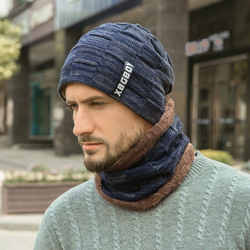 Ensemble de bonnets et écharpes en tricot pour hommes et femmes, couvre-chef avec doublure polaire épaisse pour le cou: navy