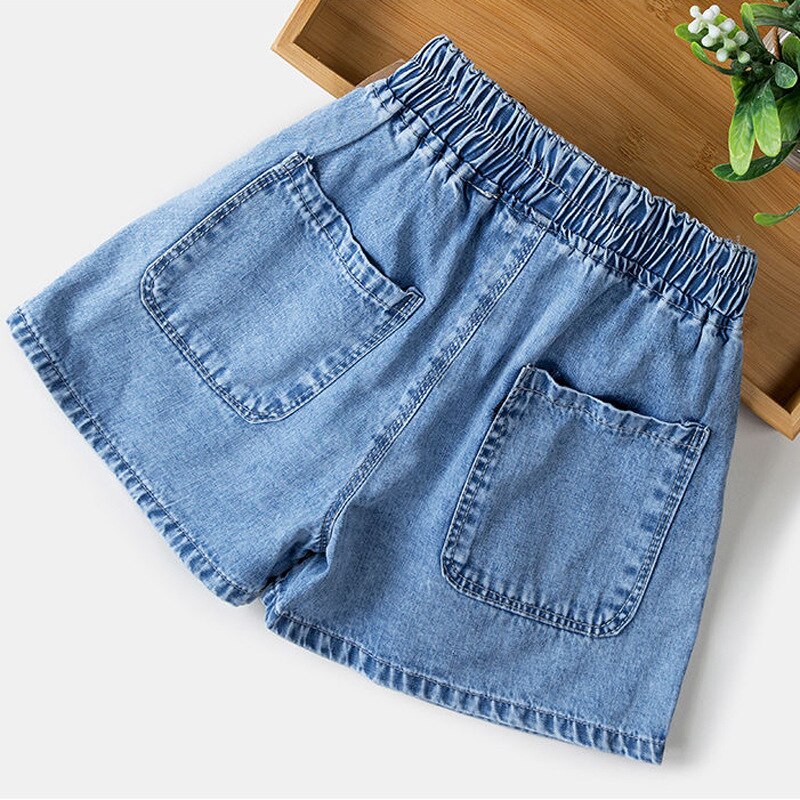 Pantaloncini per bambina Jeans pantaloni estivi in tinta unita per bambini coreani adolescenti pantaloncini elastici in vita abiti blu per adolescenti