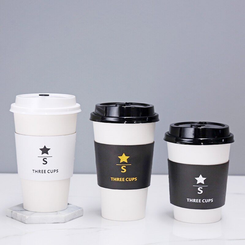 50pcs Net red thick disposable coffee cup drink milk tea paper cups takeaway packaging wtih lid stamping cup holder