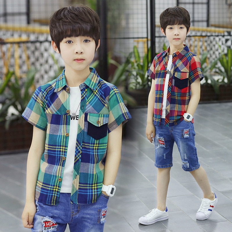 Camisas a cuadros para niños, ropa de algodón cómoda con cuello vuelto, manga corta, 5, 7, 9, 11, 13, 14 años, de verano