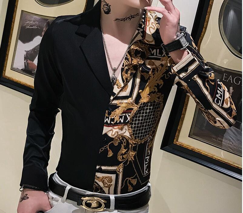 Casual blus homme barock bankettskjorta paisley svart guld herrskjorta lyx koreansk herr långärmade skjortor herr slim fit: Svart 480 / Eu sm(tagg 2xl)72kg