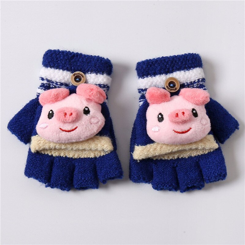 Inverno crianças luvas dobrar metade dedo luvas de lã quente engrossado das crianças de malha meninos meninas luvas: Azul marinho