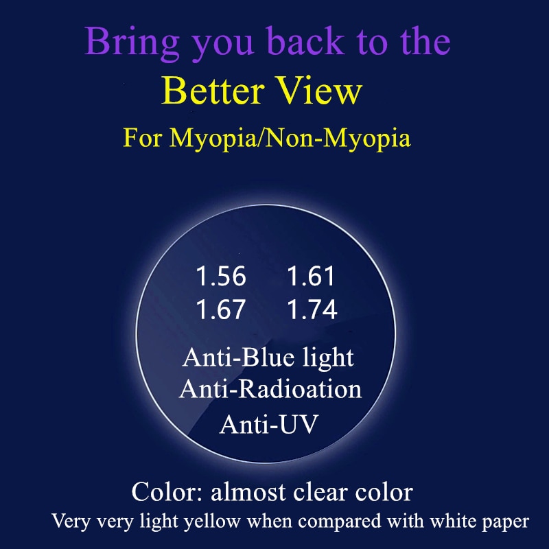Yhden näön säteily estää silmälasit reseptilinssi blue-ray/uv-anti-asfäärinen diopterilinssi likinäköisyys hyperopia pitkänäköisyys