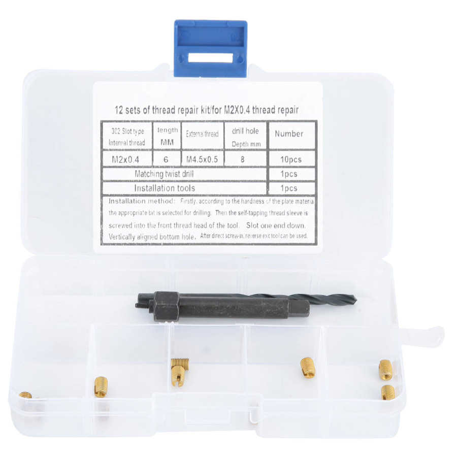 12pcs M2x0 4 Thread Repair Kit Self Tapping Thread Insert Drill Bit Tool+Box