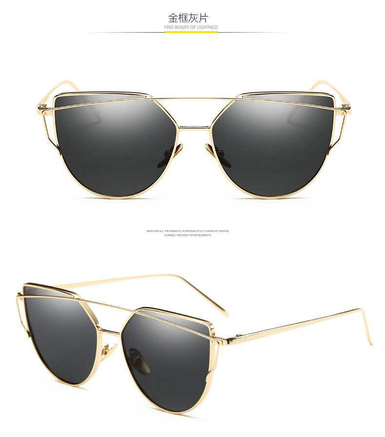 Metal Cat-Eye Sunglasses, Ladies Colorful Sunglasses: Gold Grey