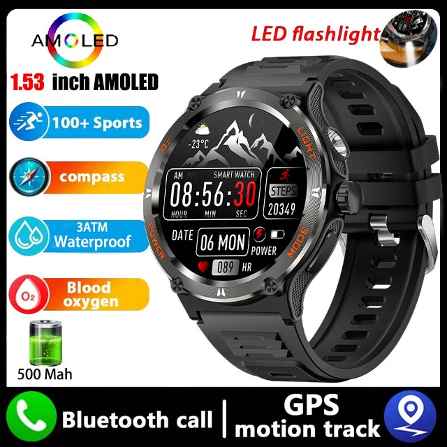 Montre intelligente de camion GPS militaire pour hommes, écran HD AMOLED, fréquence cardiaque, montre intelligente de sport étanche IP68, Android IOS, extérieur, , 2024: Rouge
