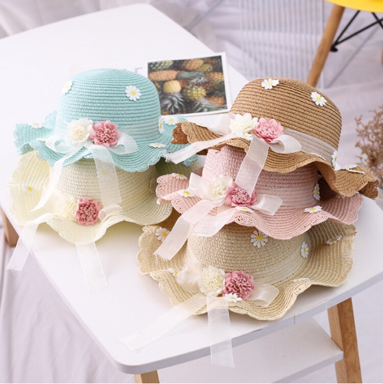 Sombreros bonitos de paja para niños, sombrero de punto con flores para verano, sombrero de Sol para niña, sombrero de ala grande de protección solar, sombrero de punto, sombrero de sol