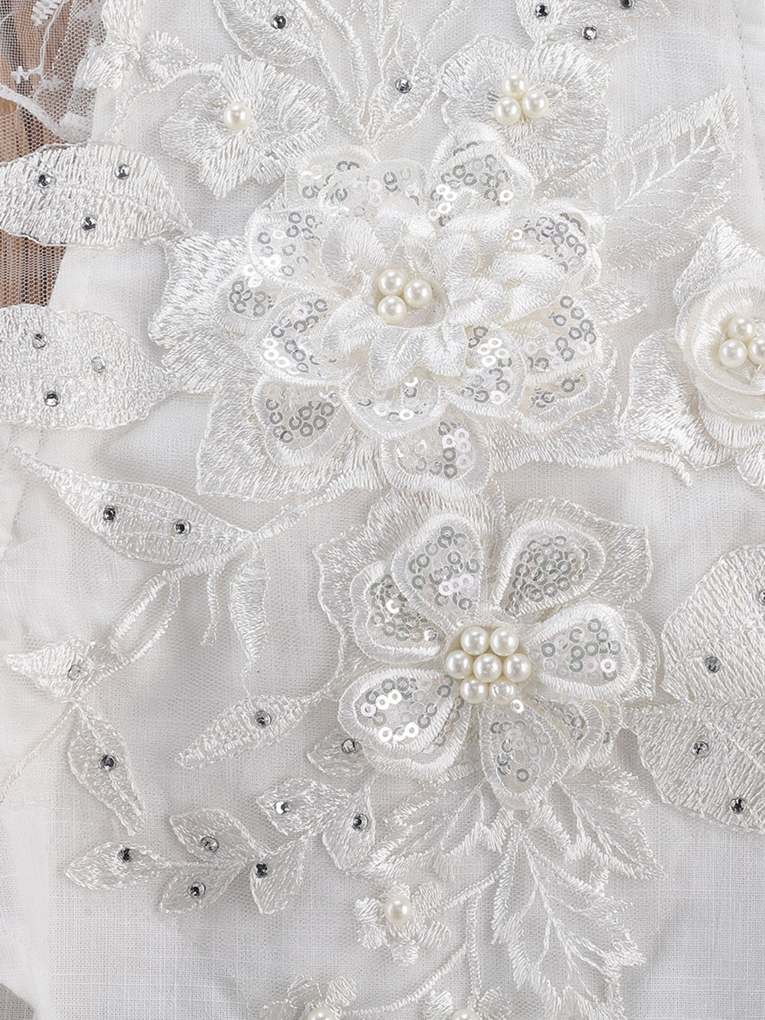 Baby Girl's Lace 3D Flower Embroidery Pearl Sweet Princess Romper, White Square Collar Falbala Flying Sleeve Jumpsuit