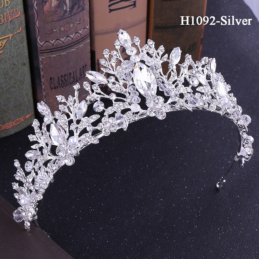 Traugel-couronne de mariée en or, diadème de luxe, couronne de mariage, accessoires de bijouterie pour femmes: H1092-Silver