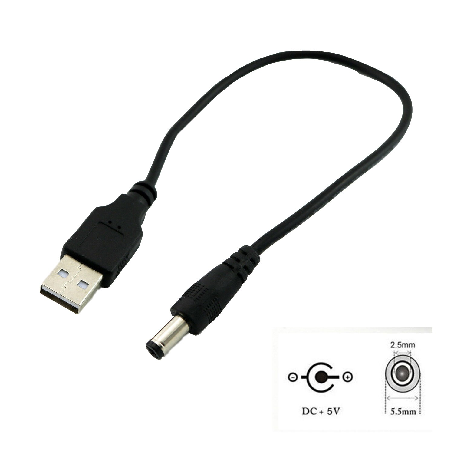 1pcs USB 2.0 Type A Male to 5.5mm x 2.5mm Plug Male 5V DC Power Supply Socket Charging Extension Adapter Connector Cable 25cm