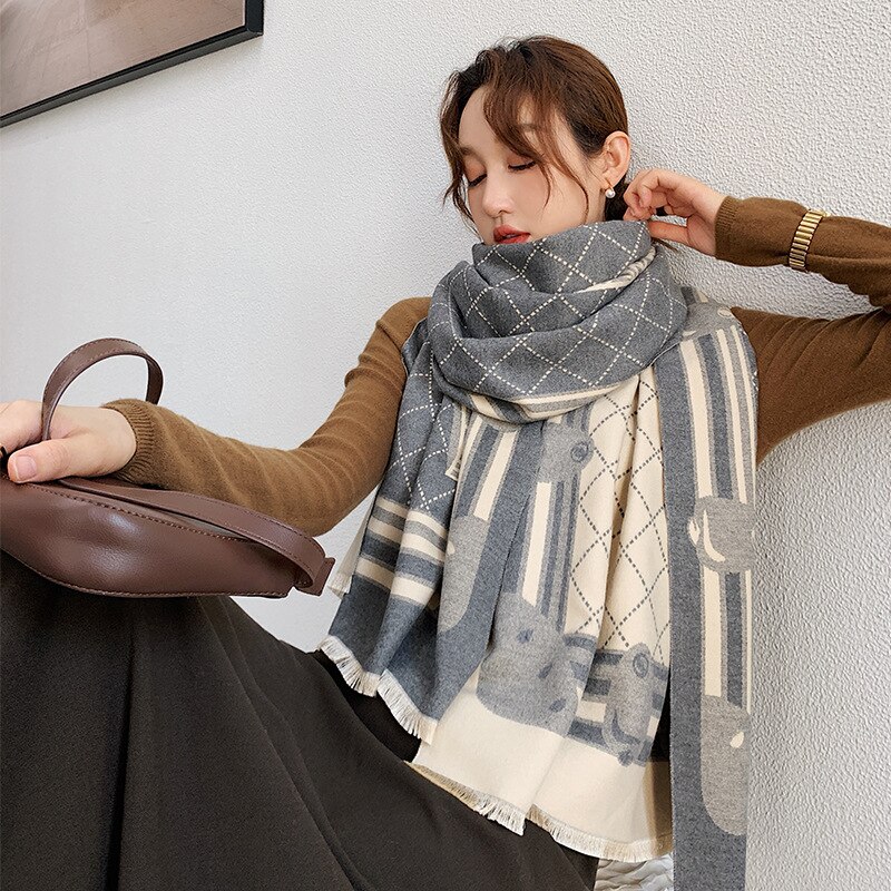 Écharpe de luxe noire à carreaux en cachemire pour femme, épaisse, chaude, enveloppe, Pashmina, pour l&#39;hiver: W 07