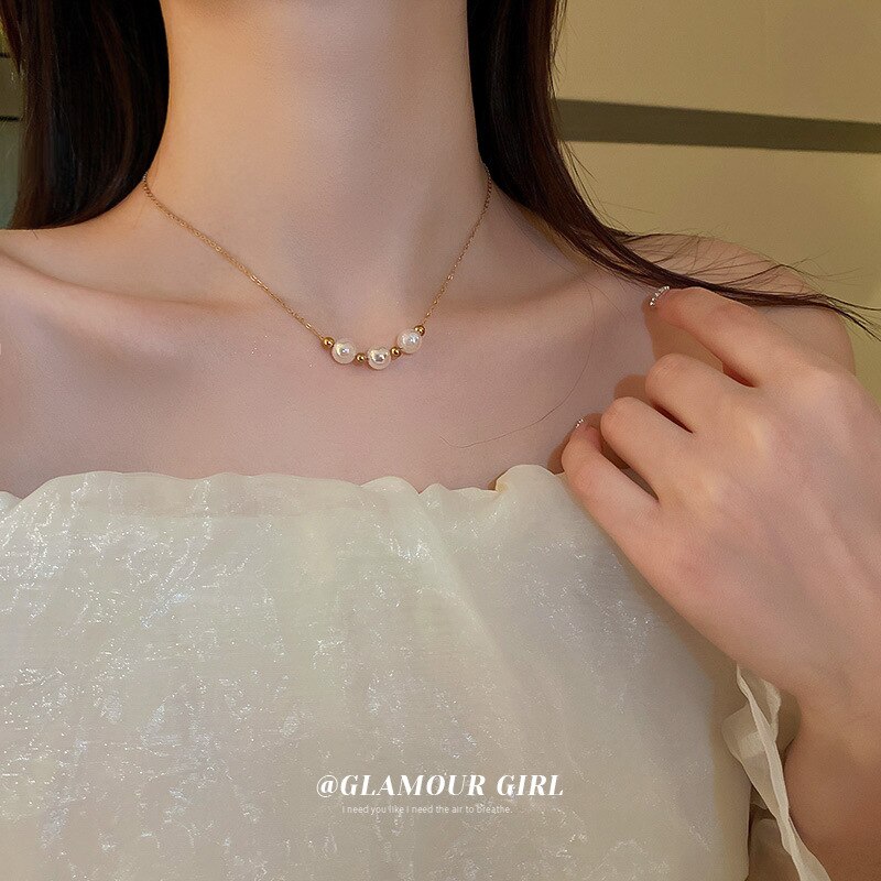 South korea mermaid ji pearl necklace simple cold wind collarbone chain oil temperament versatile necklace