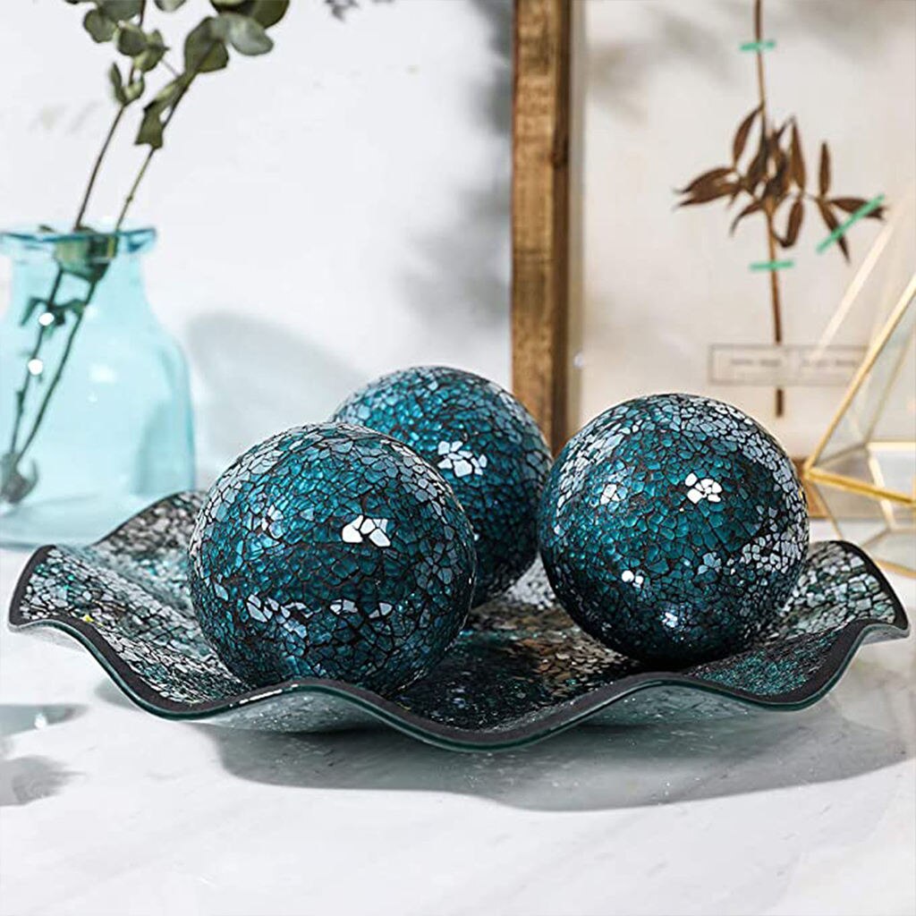 Mosaic Sphere Balls Set 3.15inch Centerpieces Bowls Crackled Glass Globe Decorative Ball for Ornaments Home Dining Table Decor: Blue 3Pcs