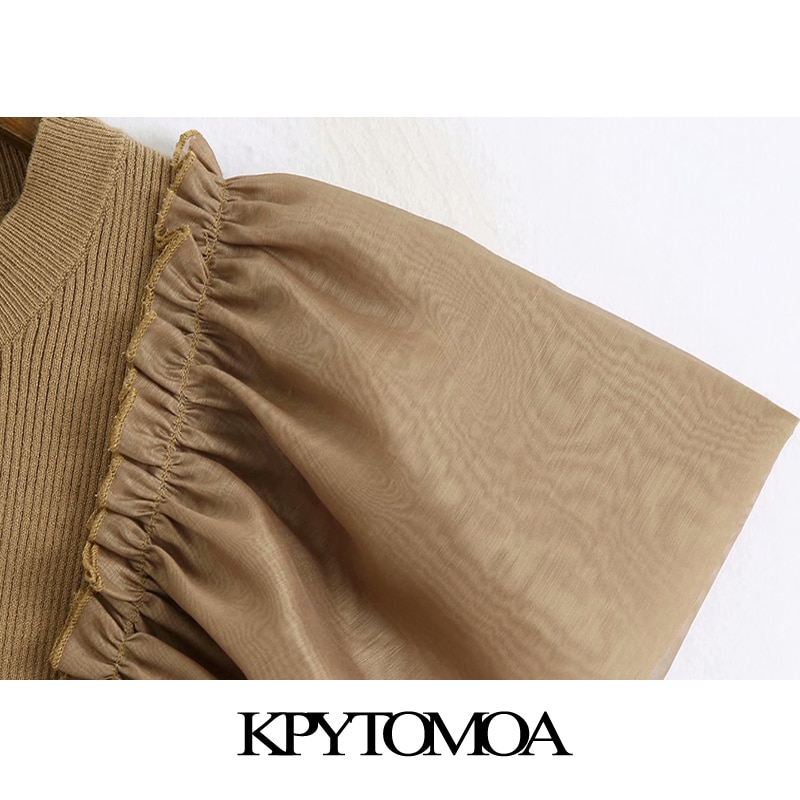 Kpytomoa kvinnor chic organza patchwork stickade beskurna blusar vintage o hals kortärmade kvinnliga klänningar mujer