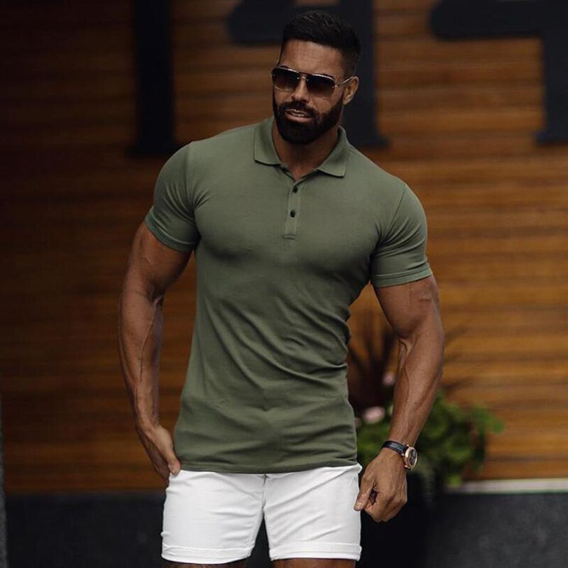 Running T-shirt Men Sports Short Sleeve Polo Shirts Summer Slim Fit Turn Collar Gym Bodybuilding Fitness Polo Shirt plus size: Army Green / XL
