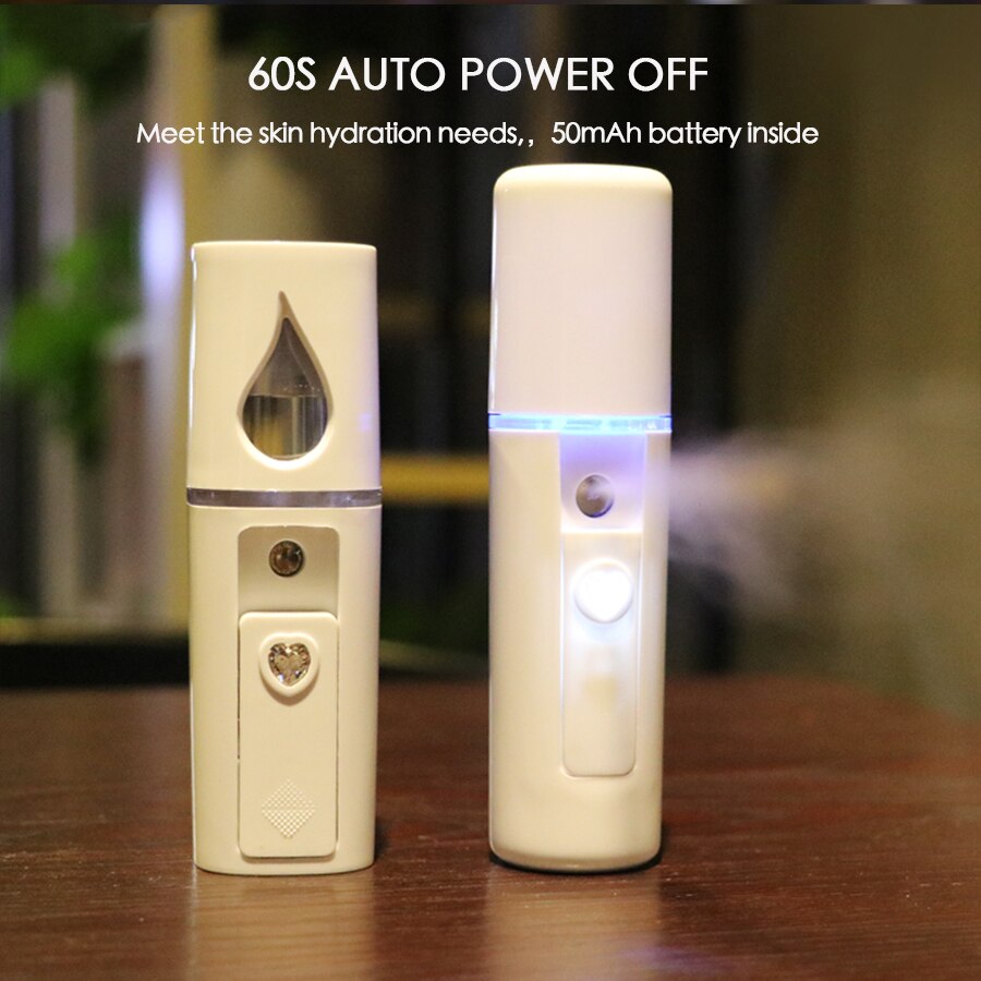 Mistgenerator, draagbare luchtbevochtiger, gezichtsfijne nanospray, automatische uitschakeling,  in 60s oplaadbare batterijen, led-nachtlampje