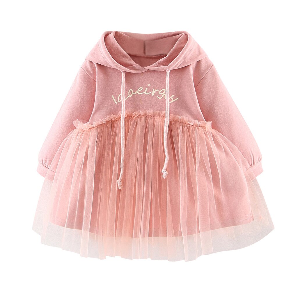herfst en winter modelsToddler Baby Kids Meisjes Ruches Brief Tulle Patchwork Hooded Sweater Jurk Vallen vervoer: Pink  / 18m