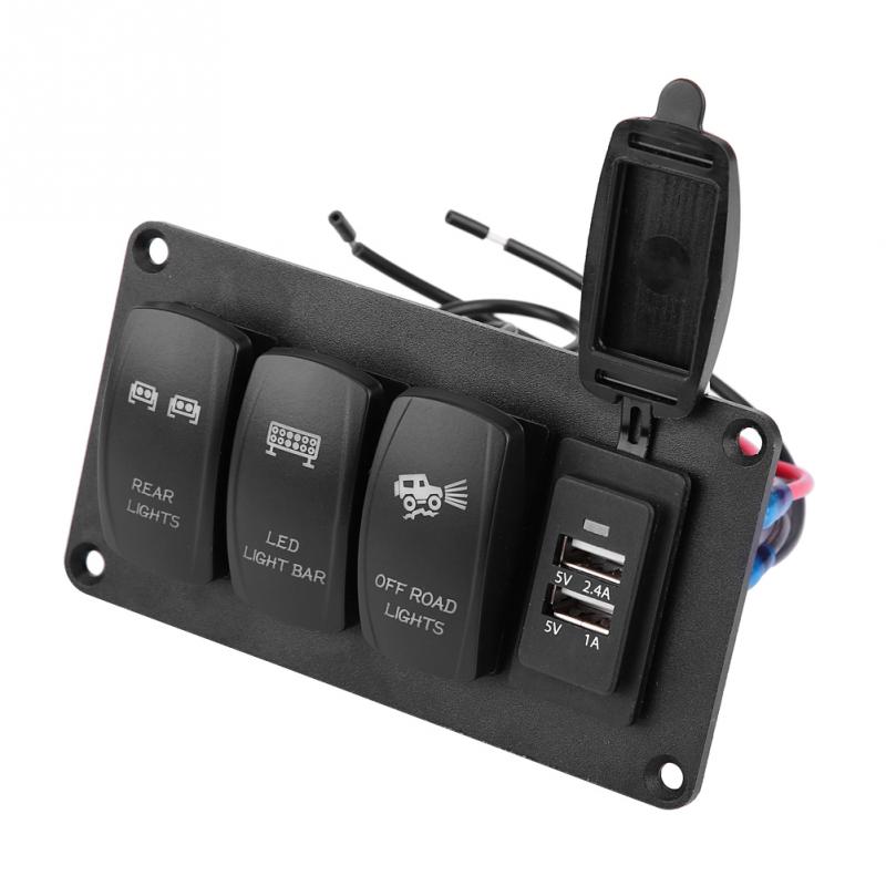 12/24V Dual Light Switch 3 Switch + REAR LIGHTS /LED LIGHT BAR/OFF-ROAD LIGHTS 3.4A Car Charger Switch Panel