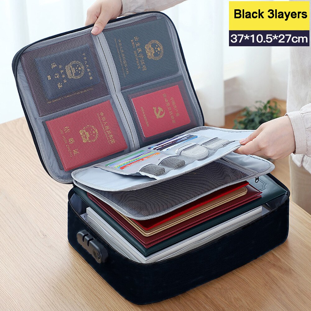 Large Capacity Multi-Layer Document Tickets Storage Bag Certificate File Organizer Case Home Travel Passport Briefcase with Lock: 3layers black