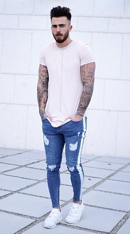 Jean homme avec bande latérale Patchwork déchiré jean en détresse coupe mince homme crayon pantalon pleine longueur Denim hommes vêtements pantalon