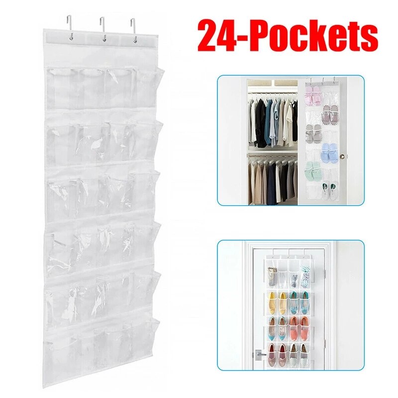 24 Pockets Shoes Organizer Rack Hanging Organizers Space Saver Hanging Over The Door Behind Closet Organizer Storage Hanger: White