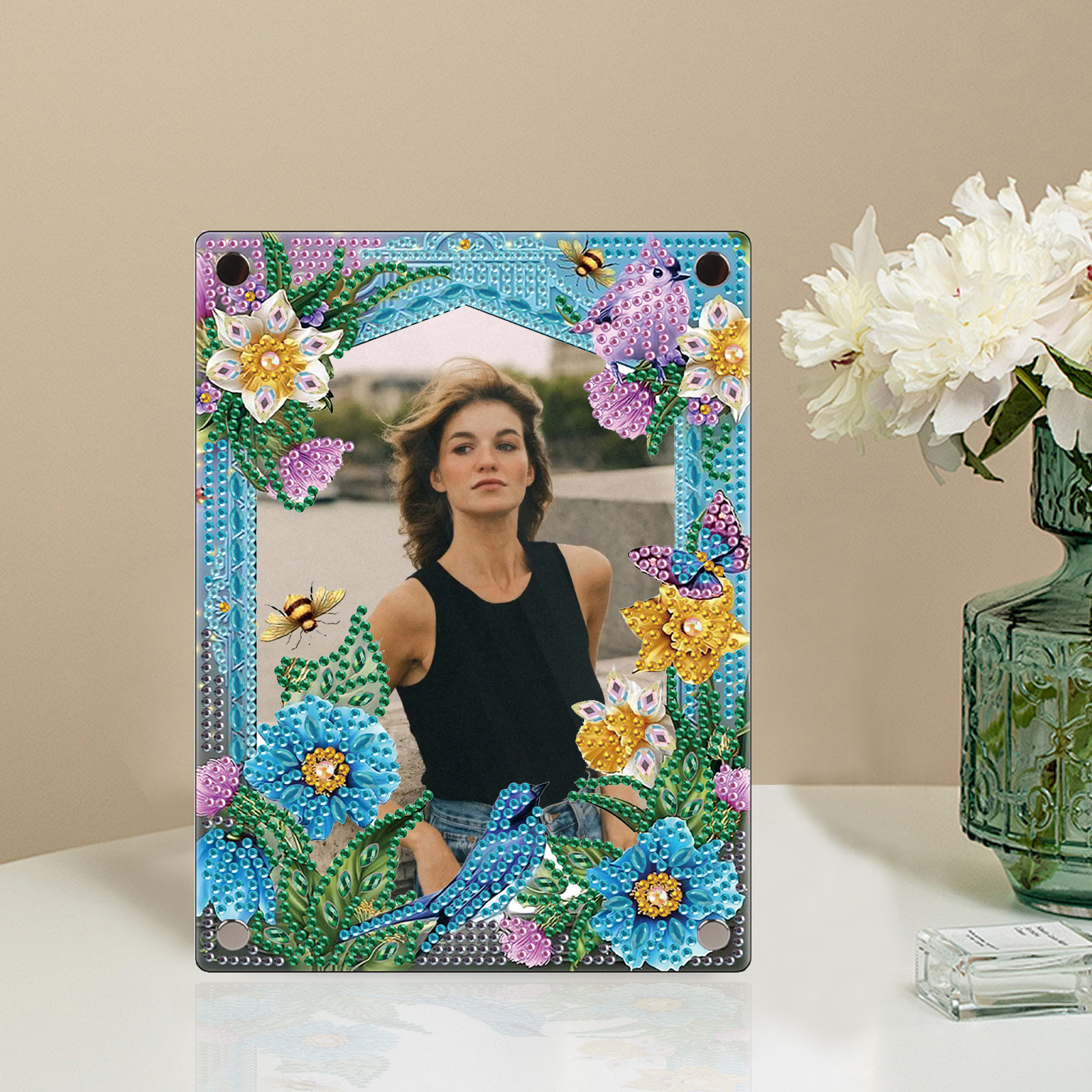 Diamond Art Schilderen Desktop Ornament Fotolijst Kit, bloemen Speciale vorm Kristal Acryl Fotolijst thuis Desktop Decor