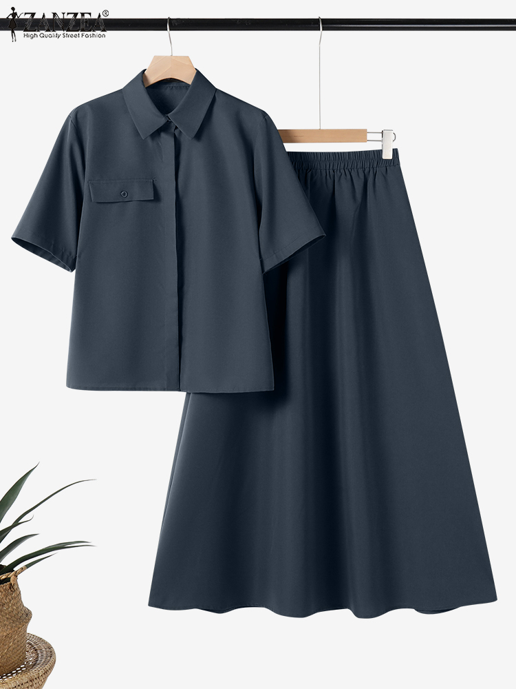 2PCS Outfits Summer Women Dress Sets ZANZEA Solid Work Matching Sets Short Sleeve Shirt Maxi Long Skirt Suit