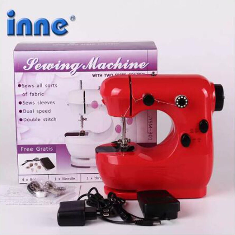 INNE Mini Red Sewing Machine Dual Speed Portable Household Foot Pedal Multilingual manual Adaptor Automatic winding Machines