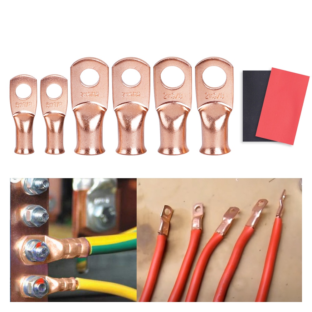 Bare Cable Electric Crimp Wire Connectors Kit Red Copper Lugs Ring Battery Soldered Terminals M6 M8 M10 2Pcs=1lot