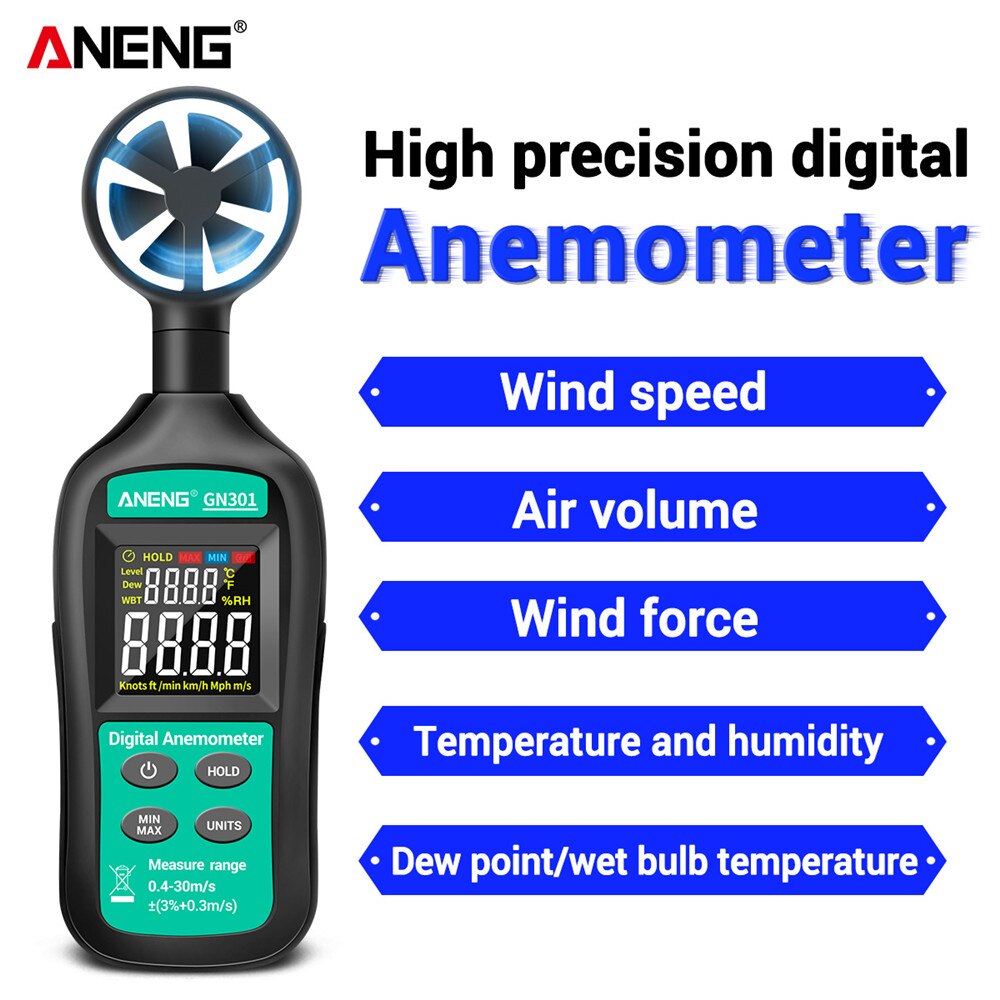 Digitale Anemometer 0-30 M/s Wind Meter Aneng GN301 -10 ~ 45C Temperatuur Tester Anemometro Met Lcd backlight Display