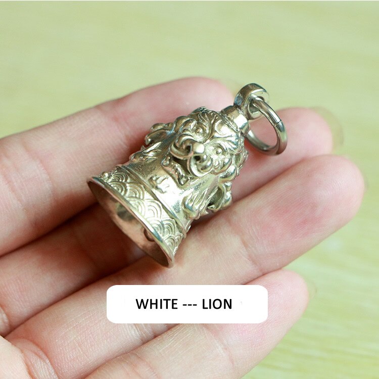 Mini Portable Vintage Brass Bell KeyChain Ornament Desk Fengshui Figure Sculpture Home Office Decorative Ornament Toy: White-Lion-Bell