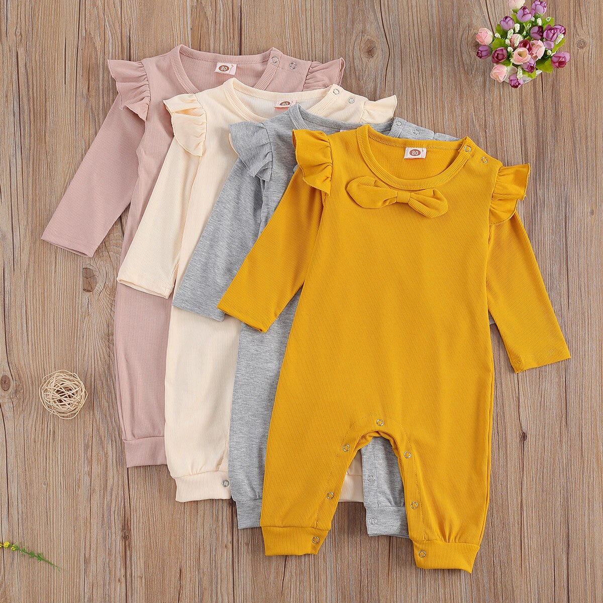 Baby Baby Meisjes Effen Kleur Geribbelde Jumpsuit Peuter Jongen Meisje Lange Flying Mouwen Boog Geribbelde Romper Strikje Knop Broek