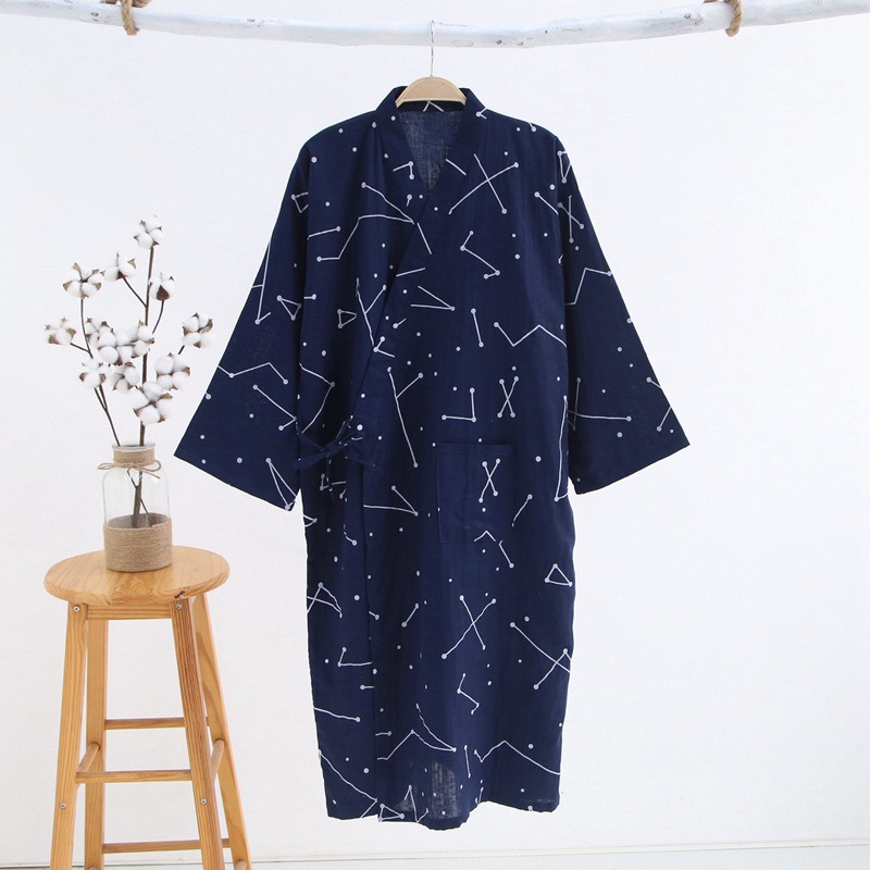 Albornoz de hombre para ducha, camisón de algodón para primavera y verano, Kimono para parejas, pijamas Yukata, cárdigan, bata a rayas, ropa de dormir para el hogar: M / Castaño