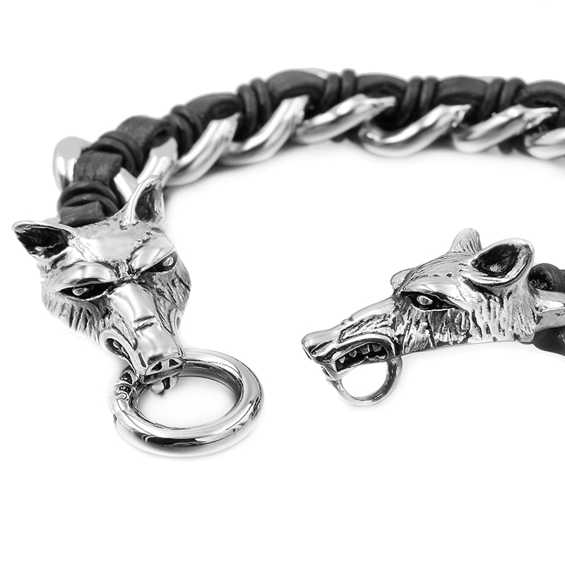 Dubbele Wolf Hoofd Armband Mannen Punk Rock Sieraden 316L Rvs Armband Leer Cubaanse Ketting Cool
