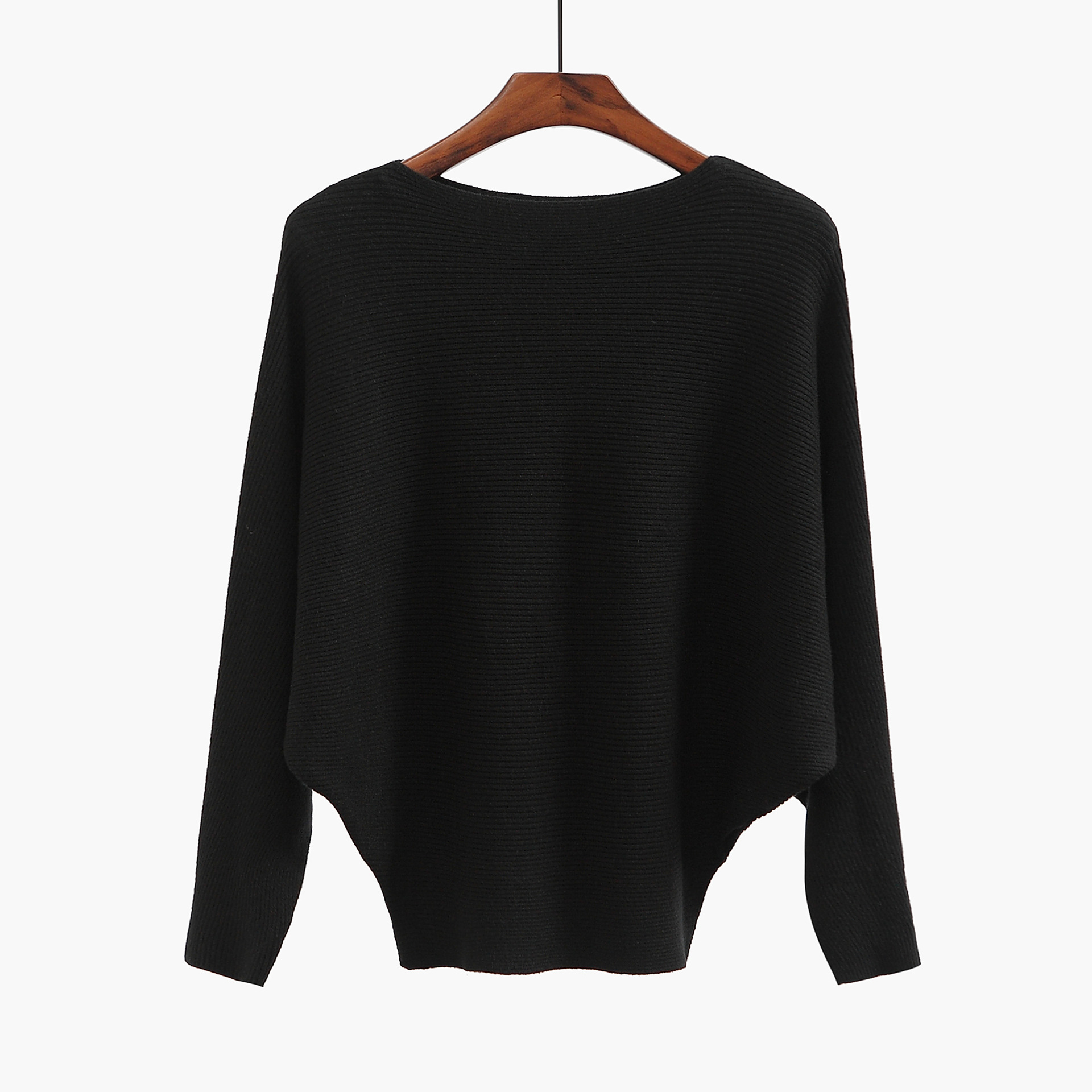 18 kvinder flagermusærmer vinter efterår strikvarer løs fint garn pullover strik strikket skrå hals blød sweater: Sort